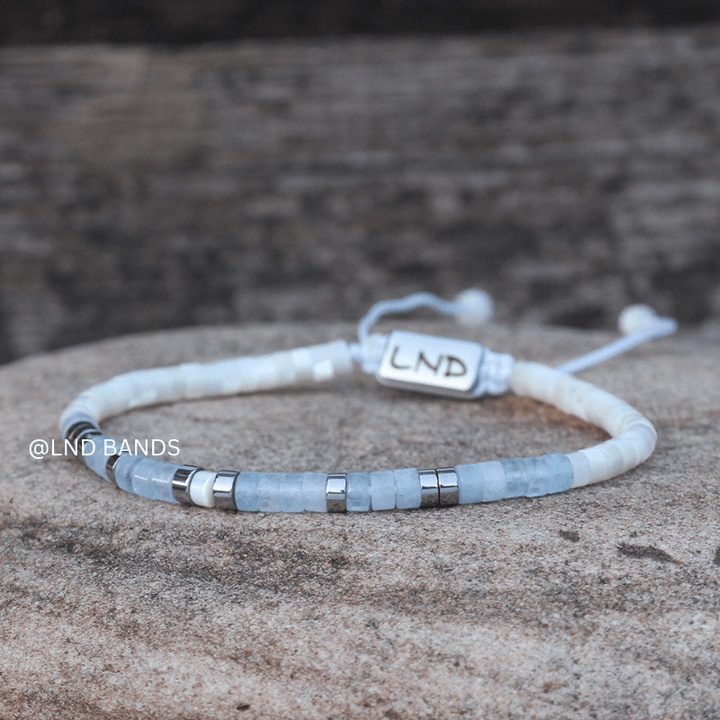 Morse code JUST BREATHE Aquamarine Mother of Pearl Yoga Motivation Meditation Adjustable Bracelet, Relax Calm - LND Bands