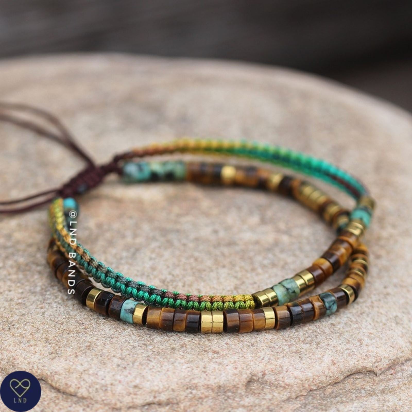 Morse code LIFE BEGINS after COFFEE African Turquoise Tiger eye Adjustable secret message Bracelet, inspirational, funny message - LND Bands