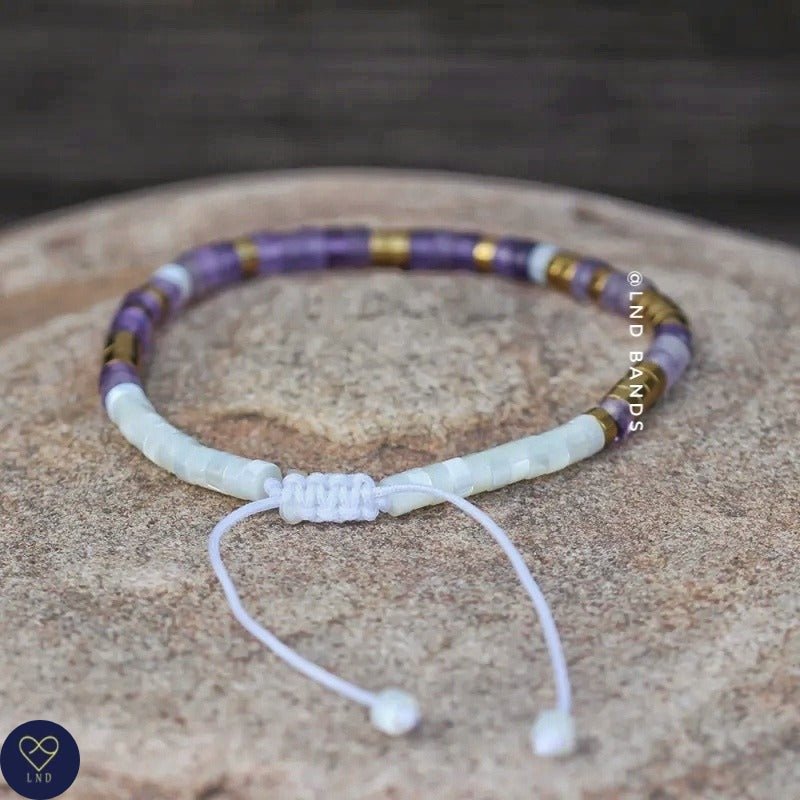 Morse Code NOBODY FIGHTS ALONE Mother of Pearl Dark Amethyst Adjustable Bracelet, secret message, Support Encouragement Fighter Strength - LND Bands