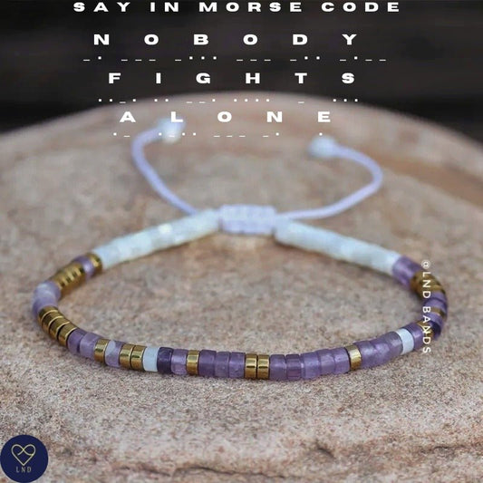 Morse Code NOBODY FIGHTS ALONE Mother of Pearl Dark Amethyst Adjustable Bracelet, secret message, Support Encouragement Fighter Strength - LND Bands