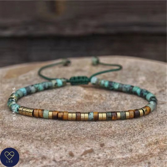 Morse code ONE DAY AT A TIME African Turquoise Tiger eye, Adjustable Affirmation Bracelet, motivational - LND Bands