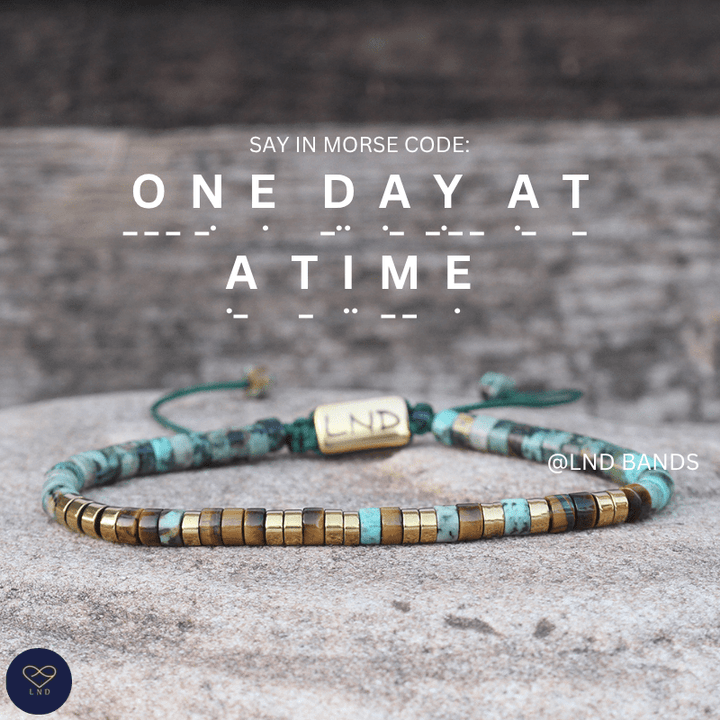 Morse code ONE DAY AT A TIME African Turquoise Tiger eye, Adjustable Affirmation Bracelet, motivational encouraging meaningful bracelet - LND Bands