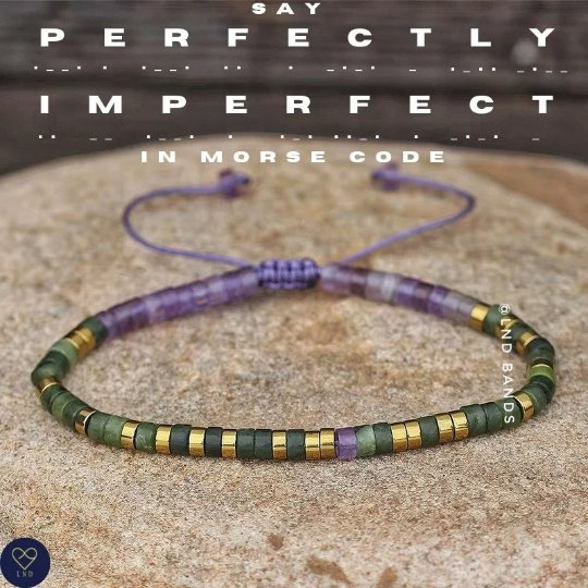 Morse code PERFECTLY IMPERFECT, Amethyst Olive Jade Adjustable Motivational Bracelet, meaningful Inspirational - LND Bands