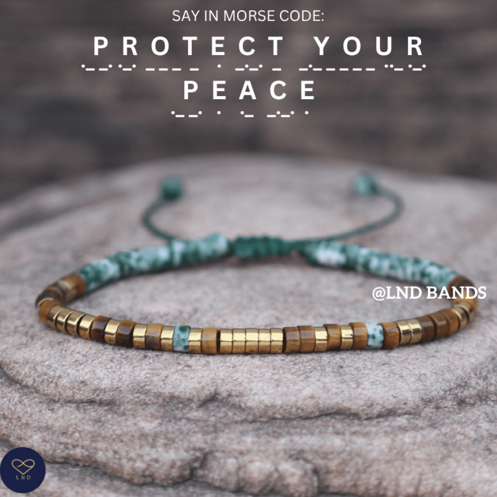 Morse code PROTECT YOUR PEACE Tiger eye Adjustable Affirmation Bracelet, motivational encouraging meaningful, inspirational, motivational - LND Bands