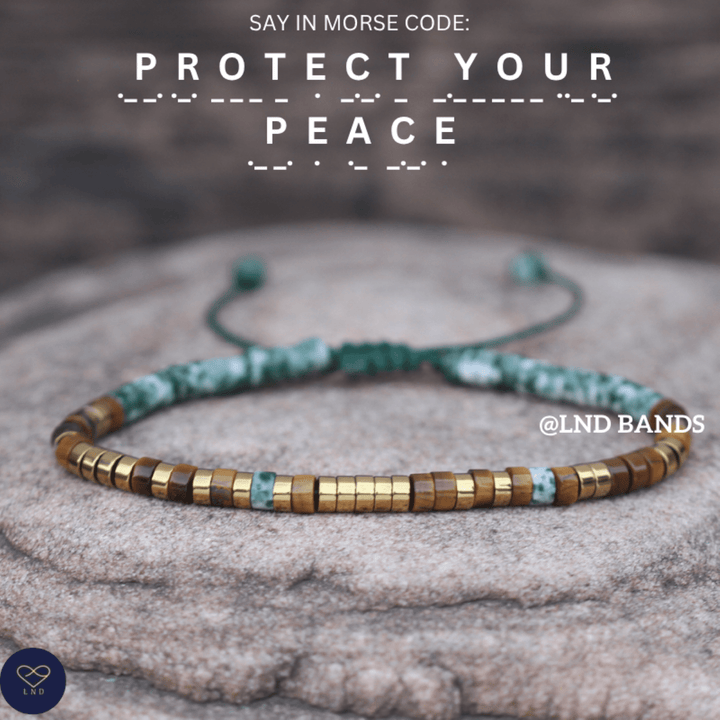 Morse code PROTECT YOUR PEACE Tiger eye Adjustable Affirmation Bracelet, motivational encouraging meaningful, inspirational, motivational - LND Bands