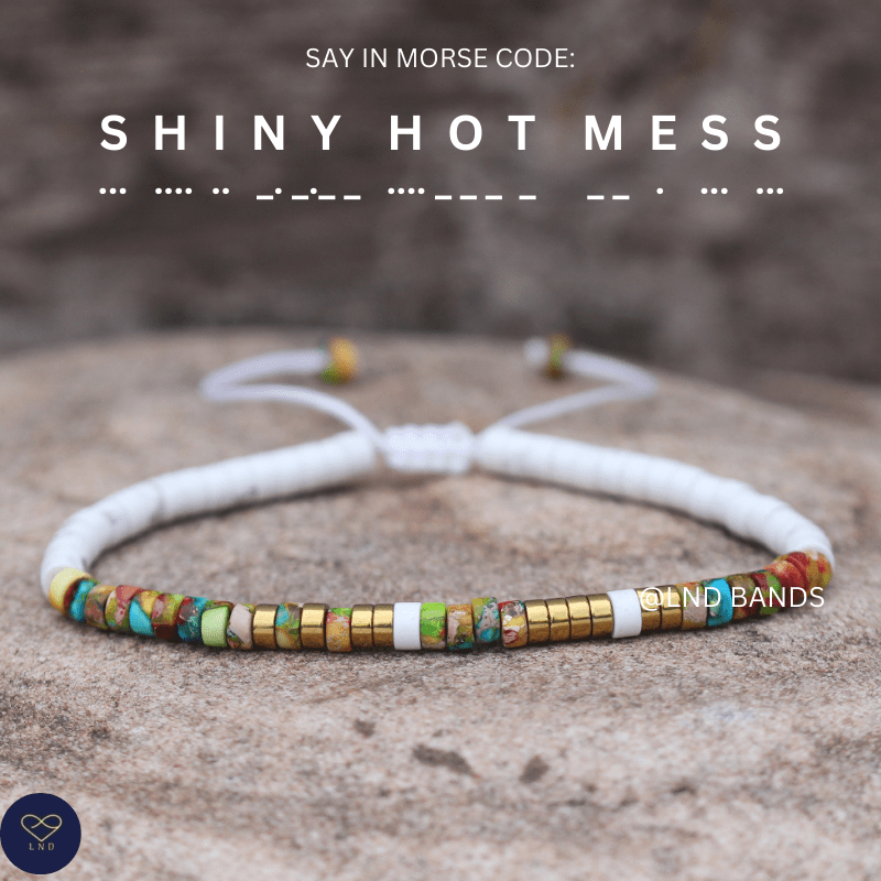 Morse code "SHINY HOT MESS", colourful jasper, Adjustable funny message, Inspirational, birthday gift - LND Bands
