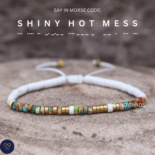 Morse code "SHINY HOT MESS", colourful jasper, Adjustable funny message, Inspirational, birthday gift - LND Bands