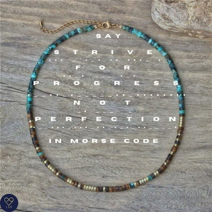 Morse code Strive for PROGRESS not PERFECTION, African Turquoise Tiger Eye Necklace, Meditation, Mental health - LND Bands