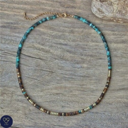 Morse code Strive for PROGRESS not PERFECTION, African Turquoise Tiger Eye Necklace, Meditation, Mental health - LND Bands