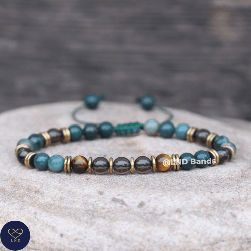 Moss Agate Smoky Quartz Tiger Eye 6mm round beads Minimalist Adjustable Bracelet, Tibetan Gemstone, Yoga, Boho, Ethnic, success, luck - LND Bands