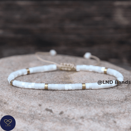 Mother of Pearl 2x4mm Adjustable Bracelet, Meditation Bohemian Bracelet, Yoga Bracelet, Gemstone, Balance, calming, stress relief, healing - LND Bands