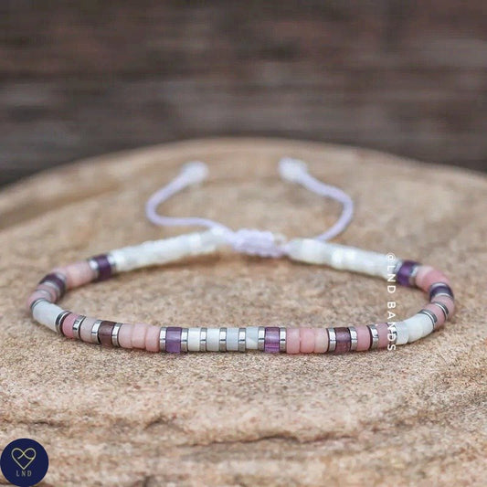 Mother of Pearl Rose Quartz Amethyst Adjustable 2x4mm Bracelet, Minimalist Bohemian Dainty Bracelet, Tibetan gemstone, gift for her birthday - LND Bands