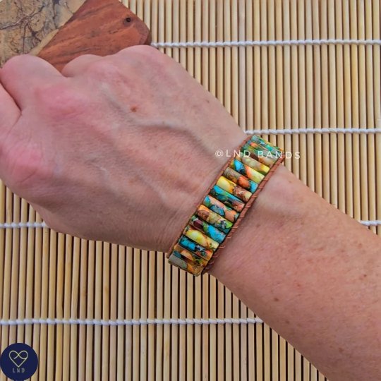 Multi coloured Green/Blue Tube Imperial Jasper Leather Bracelet, Adjustable bracelet, Tibetan bracelet, Yoga Boho - LND Bands