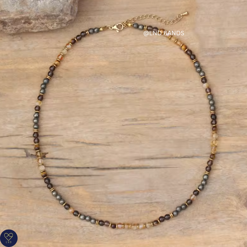 Citrine, Smoky Quartz, Tiger Eye, Pyrite Bead Necklace: Yoga, Adjustable, elegant