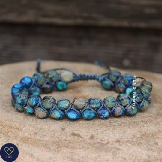 NEW Light Blue colour Macrame Imperial Jasper bracelet, Adjustable Ethnic Yoga Dainty Bracelet - LND Bands