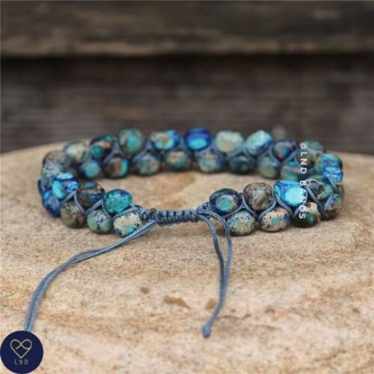 NEW Light Blue colour Macrame Imperial Jasper bracelet, Adjustable Ethnic Yoga Dainty Bracelet - LND Bands