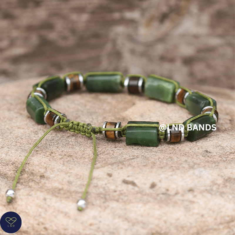 Olive Jade & Tiger Eye Bead Bracelet – Adjustable Boho Meditation - LND Bands