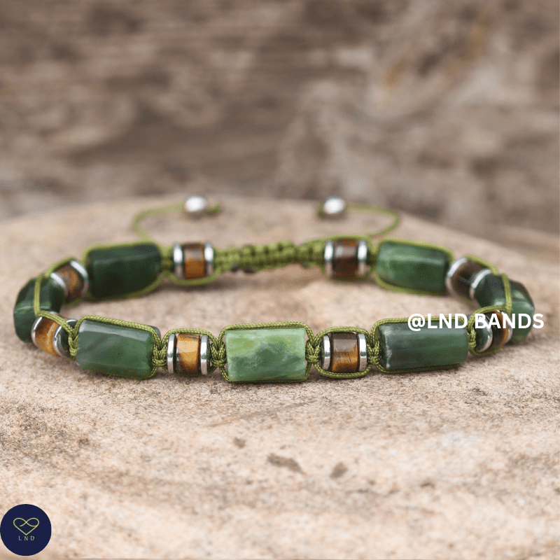Olive Jade & Tiger Eye Bead Bracelet – Adjustable Boho Meditation - LND Bands