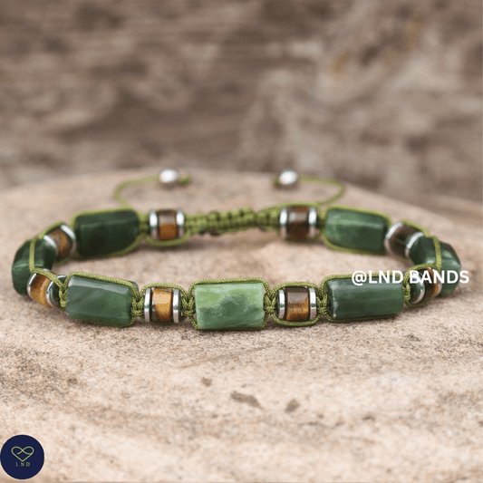 Olive Jade & Tiger Eye Bead Bracelet – Adjustable Boho Meditation - LND Bands