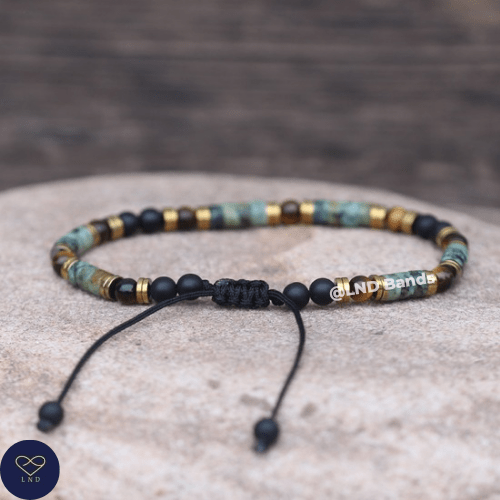 Onyx African Turquoise Tiger Eye Bracelet, Adjustable 4mm Bracelet, Tibetan Minimalist Gemstone Bracelet, Yoga, Boho, Gift for him her - LND Bands