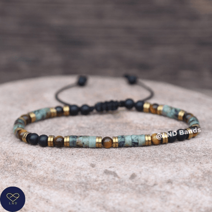 Onyx African Turquoise Tiger Eye Bracelet, Adjustable 4mm Bracelet, Tibetan Minimalist Gemstone Bracelet, Yoga, Boho, Gift for him her - LND Bands