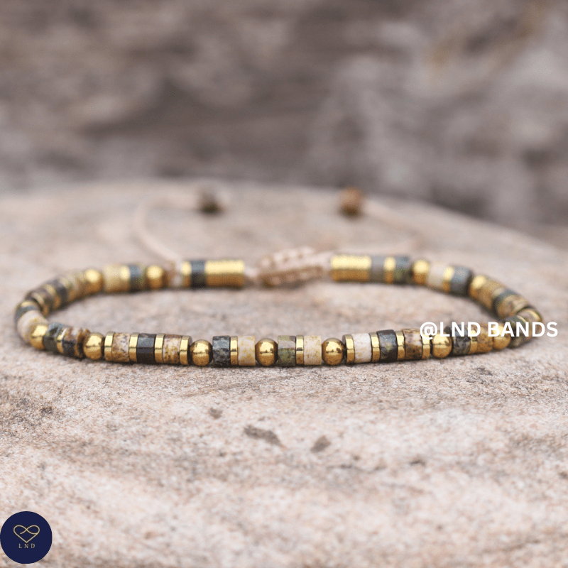 Picture and Kambaba Jasper 2x4mm Gemstone Bracelet, Adjustable, Tibetan, Natural Stone, Yoga, Boho, Ethnic - LND Bands