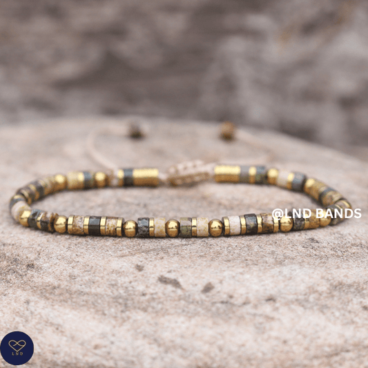 Picture and Kambaba Jasper 2x4mm Gemstone Bracelet, Adjustable, Tibetan, Natural Stone, Yoga, Boho, Ethnic - LND Bands