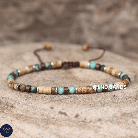 Picture Jasper, African Turquoise & Brecciated Jasper 2x4mm Bead Bracelet: Yoga, Adjustable, Boho, Ethnic, grounding luck - LND Bands