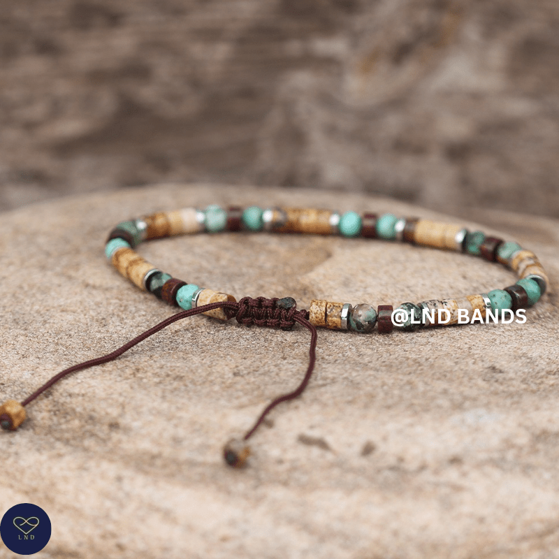 Picture Jasper, African Turquoise & Brecciated Jasper 2x4mm Bead Bracelet: Yoga, Adjustable, Boho, Ethnic, grounding luck - LND Bands