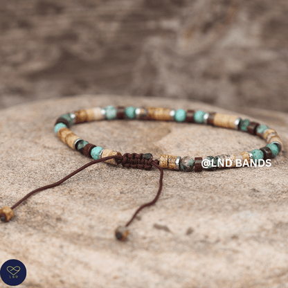 Picture Jasper, African Turquoise & Brecciated Jasper 2x4mm Bead Bracelet: Yoga, Adjustable, Boho, Ethnic, grounding luck - LND Bands