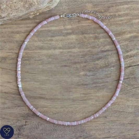 Pink Opal Dainty Beaded Necklace, Minimalist Bohemian Necklace, Summer Necklace, Dainty Necklace, Tibetan gift - LND Bands