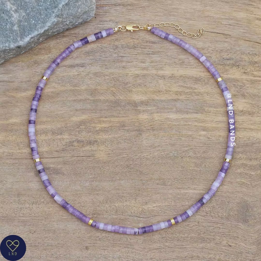 Purple Mica Bead Necklace, Adjustable 2x4mm, Minimalist Bohemian Necklace, Natural Stone Necklace, Dainty Necklace, Tibetan gemstone