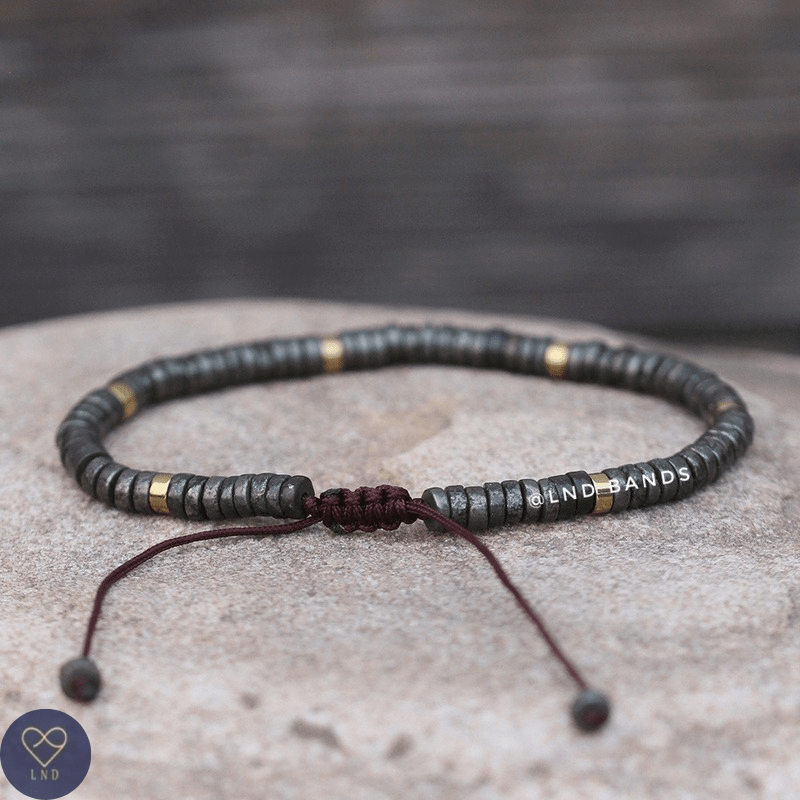 Pyrite 2x4mm Dainty adjustable Beaded Bracelet, Minimalist Bohemian Tibetan Bracelet, Yoga Meditation, protection, prosperity, abundance - LND Bands