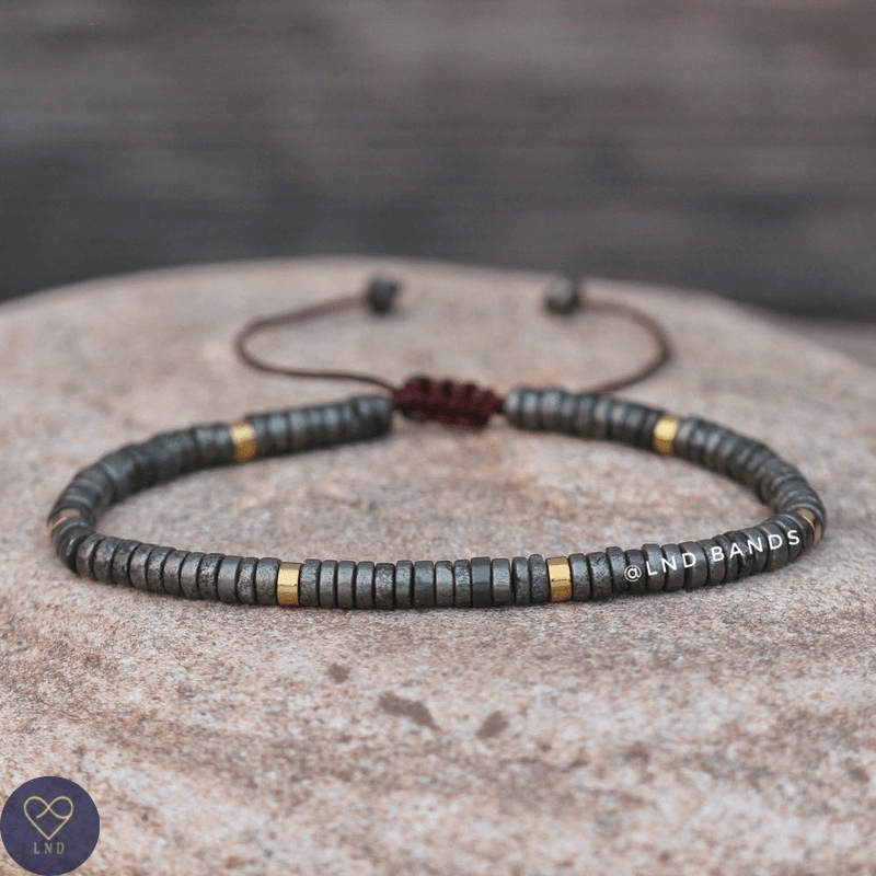 Pyrite 2x4mm Dainty adjustable Beaded Bracelet, Minimalist Bohemian Tibetan Bracelet, Yoga Meditation, protection, prosperity, abundance - LND Bands