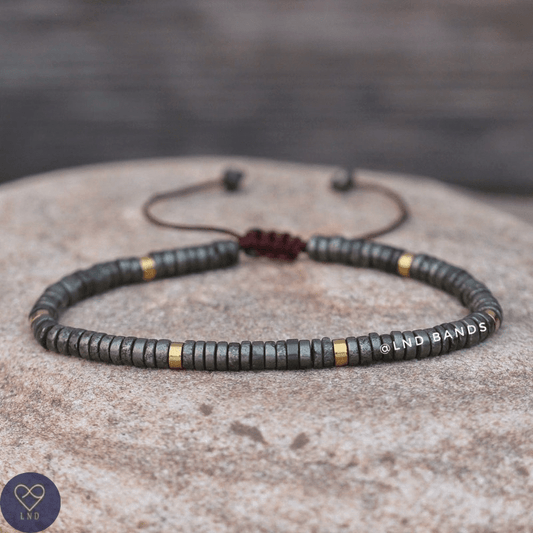 Pyrite 2x4mm Dainty adjustable Beaded Bracelet, Minimalist Bohemian Tibetan Bracelet, Yoga Meditation, protection, prosperity, abundance - LND Bands