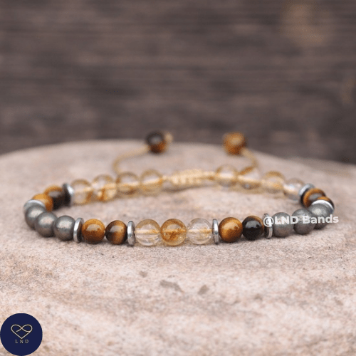 Pyrite Citrine Tiger Eye 6mm round beads Minimalist Adjustable Bracelet, Tibetan Gemstone, Yoga, Boho, Ethnic, success, luck - LND Bands