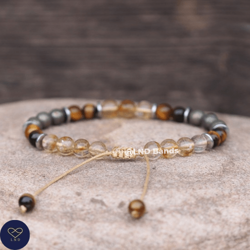 Pyrite Citrine Tiger Eye 6mm round beads Minimalist Adjustable Bracelet, Tibetan Gemstone, Yoga, Boho, Ethnic, success, luck - LND Bands