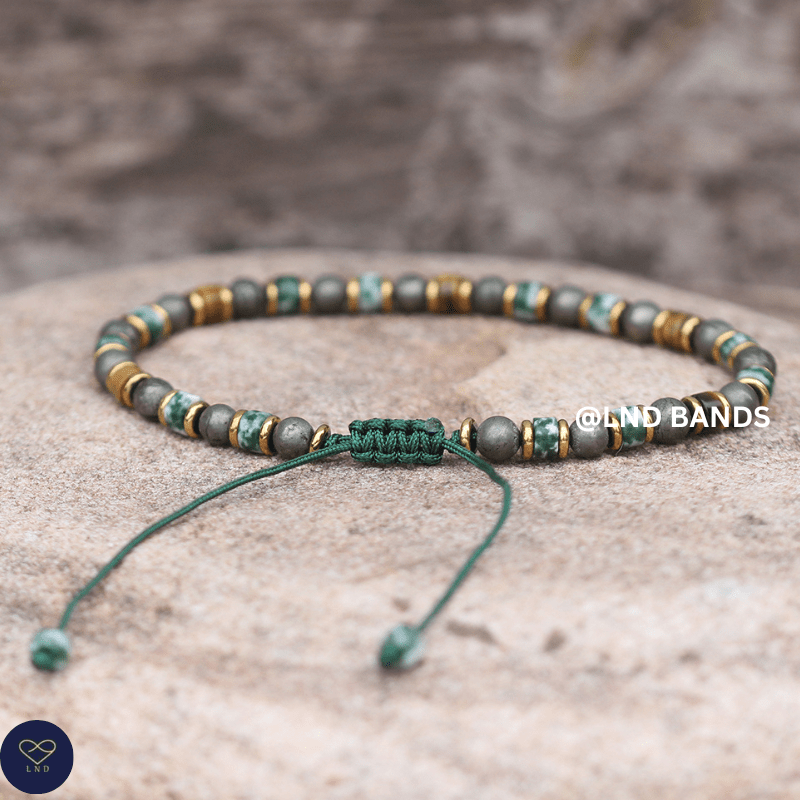 Pyrite, Tiger Eye, Green Spot Jasper 2x4mm Bracelet: Yoga, Boho, Ethnic, Tibetan, Adjustable - LND Bands
