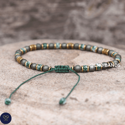 Pyrite, Tiger Eye, Green Spot Jasper 2x4mm Bracelet: Yoga, Boho, Ethnic, Tibetan, Adjustable - LND Bands