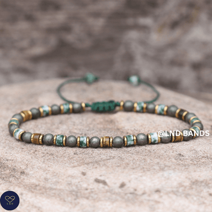 Pyrite, Tiger Eye, Green Spot Jasper 2x4mm Bracelet: Yoga, Boho, Ethnic, Tibetan, Adjustable - LND Bands