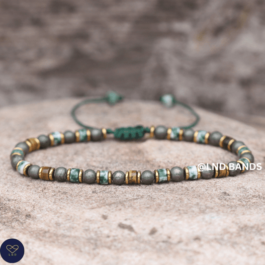 Pyrite, Tiger Eye, Green Spot Jasper 2x4mm Bracelet: Yoga, Boho, Ethnic, Tibetan, Adjustable - LND Bands