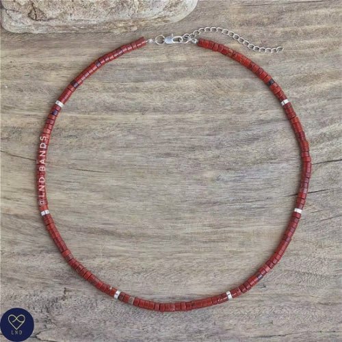 Red Jasper Gemstone Necklace, Minimalist Bohemian Necklace, Natural Stone Necklace, Dainty Necklace, Tibetan Tile gemstone, gift for her - LND Bands