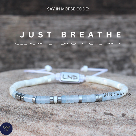 Morse code JUST BREATHE Aquamarine Mother of Pearl Yoga Motivation Meditation Adjustable Bracelet, Relax Calm