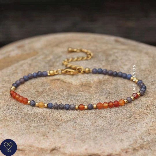 Sapphire Carnelian 3mm Faceted Bead Bracelet, Adjustable Natural Gemstone Bracelet, Tibetan Yoga Ethnic Bohemian  - LND Bands