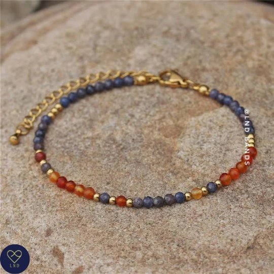 Sapphire Carnelian 3mm Faceted Bead Bracelet, Adjustable Natural Gemstone Bracelet, Tibetan Yoga Ethnic Bohemian  - LND Bands