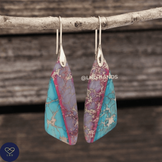 Sea Sediment GOLD Hook Teardrop Natural Stone Jasper Drop Earrings Boho, Women Stylish Jewellery Earrings, gift for her, gift for Mum - LND Bands