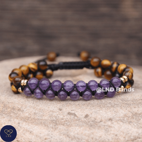 Tiger Eye Amethyst 6 mm Bead Adjustable Macrame Bracelet, Natural Stone Bracelet, Boho, Yoga, Ethnic, prosperity, success, abundance - LND Bands