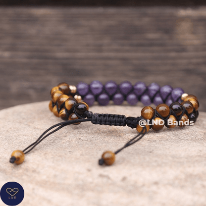 Tiger Eye Amethyst 6 mm Bead Adjustable Macrame Bracelet, Natural Stone Bracelet, Boho, Yoga, Ethnic, prosperity, success, abundance - LND Bands