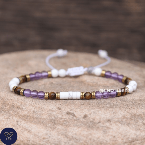 Tiger Eye Amethyst Howlite 4mm round beads Minimalist Adjustable Bracelet, Tibetan Gemstone Bracelet, Yoga, Boho, Ethnic, Delicate - LND Bands