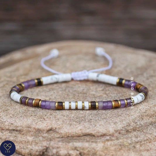 Tiger Eye Amethyst Howlite Minimalist 2x4mm Bracelet, Adjustable Beaded Bracelet, Tibetan Natural Stone Bracelet, Yoga, Boho, Ethnic - LND Bands